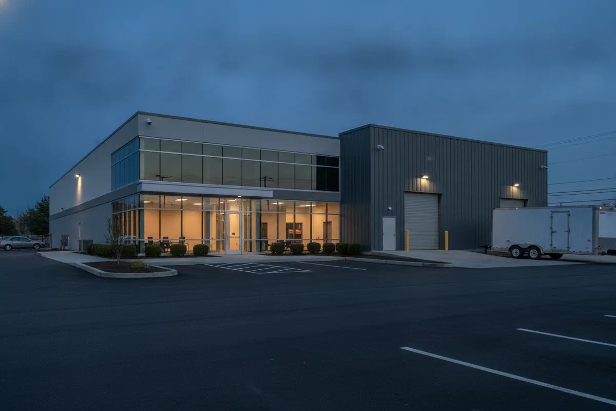Modern office and warehouse building at dusk with discreet security cameras at the corners, entrance and loading dock